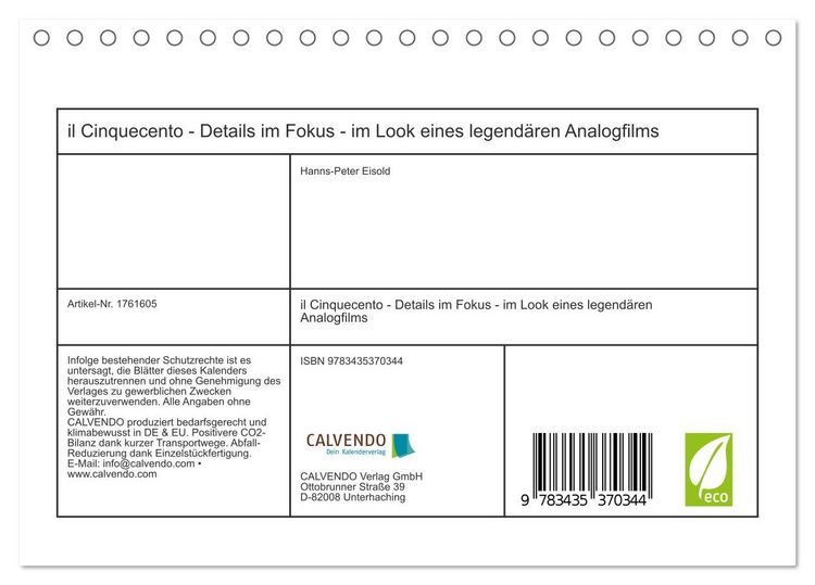 Produktbild: il Cinquecento - Details im Fokus - im Look eines legend&auml;ren Analogfilms (Tischkalender 2025 DIN A5 quer), CALVENDO Monatskalender