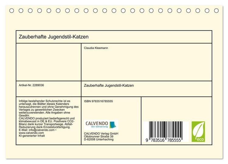 Produktbild: Zauberhafte Jugendstil-Katzen (Tischkalender 2027 DIN A5 quer), CALVENDO Monatskalender