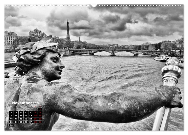 Produktbild: Paris-Impressionen in Schwarz-Wei&szlig; (hochwertiger Premium Wandkalender 2026 DIN A2 quer), Kunstdruck in Hochglanz