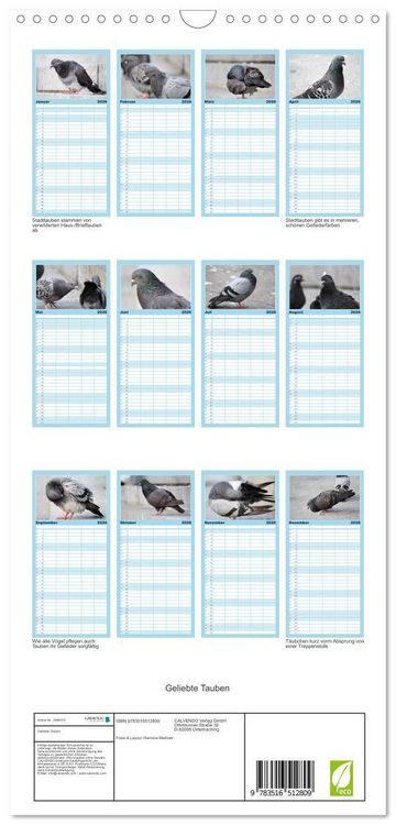 Produktbild: Familienplaner 2026 - Geliebte Tauben mit 5 Spalten (Wandkalender, 21 x 45 cm) CALVENDO