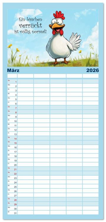 Produktbild: Familienplaner 2026 - Verr&uuml;cktes H&uuml;hnervolk mit 5 Spalten (Wandkalender, 21 x 45 cm) CALVENDO