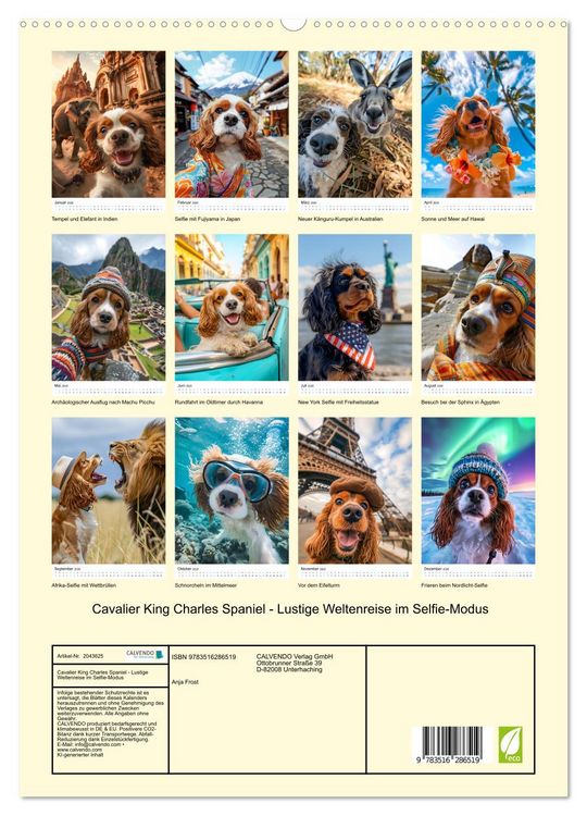 Produktbild: Cavalier King Charles Spaniel - Lustige Weltenreise im Selfie-Modus (hochwertiger Premium Wandkalender 2026 DIN A2 hoch), Kunstdruck in Hochglanz