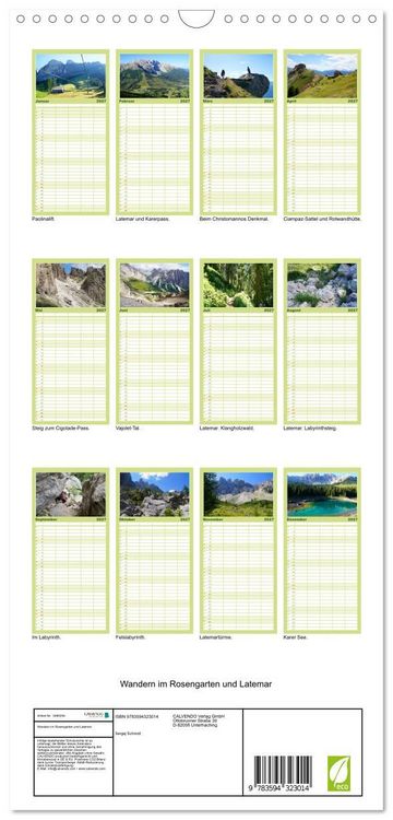 Produktbild: Familienplaner 2027 - Wandern im Rosengarten und Latemar mit 5 Spalten (Wandkalender, 21 x 45 cm) CALVENDO