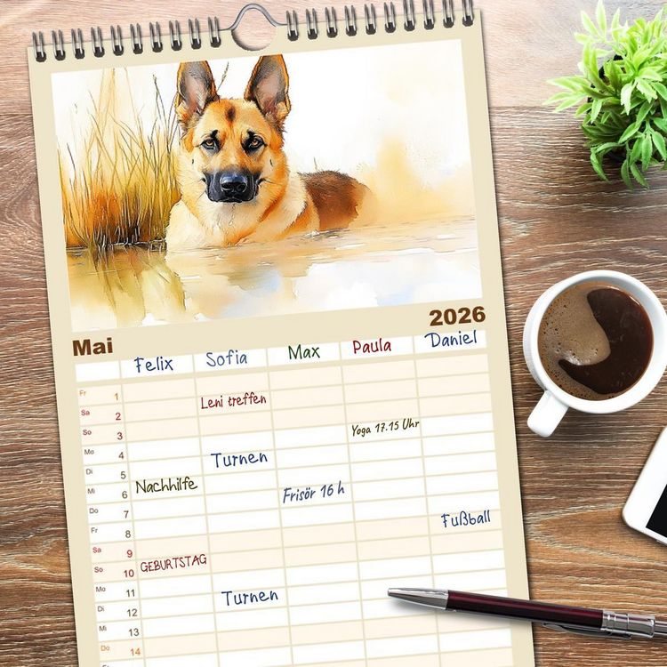 Produktbild: Familienplaner 2026 - Deutsche Sch&auml;ferhunde. Majest&auml;tische W&auml;chter im Aquarell-Stil mit 5 Spalten (Wandkalender, 21 x 45 cm) CALVENDO