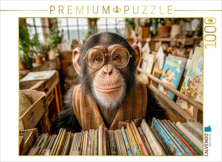 Produktbild: CALVENDO Puzzle Ein Schimpanse mit Brille und Weste steht hinter einem B&uuml;cherregal in einem gem&uuml;tlichen kleinen Buchladen | 1000 Teile Lege-Gr&ouml;&szlig;e 64x4