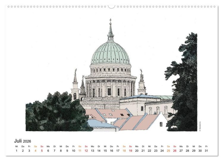 Produktbild: Potsdamer Sehensw&uuml;rdigkeiten in Ink und Farbe (hochwertiger Premium Wandkalender 2026 DIN A2 quer), Kunstdruck in Hochglanz
