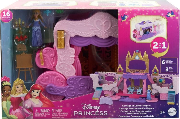 Produktbild: Disney Prinzessin Verwandlungs-Spielset Kutsche zu Schloss mit kleiner Aurora-Puppe, 4 Figuren und 3 Ebenen