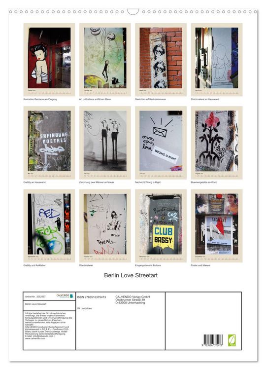 Produktbild: Berlin Love Streetart (Wandkalender 2026 DIN A2 hoch), CALVENDO Monatskalender