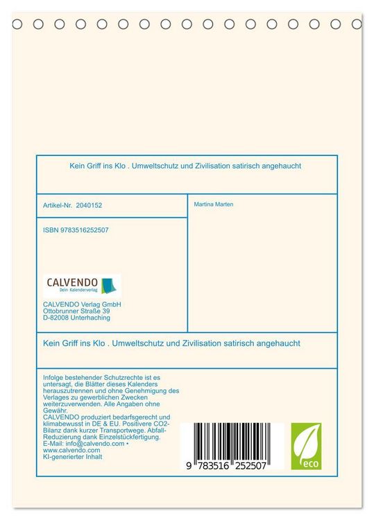 Produktbild: Kein Griff ins Klo . Umweltschutz und Zivilisation satirisch angehaucht (Tischkalender 2026 DIN A5 hoch), CALVENDO Monatskalender