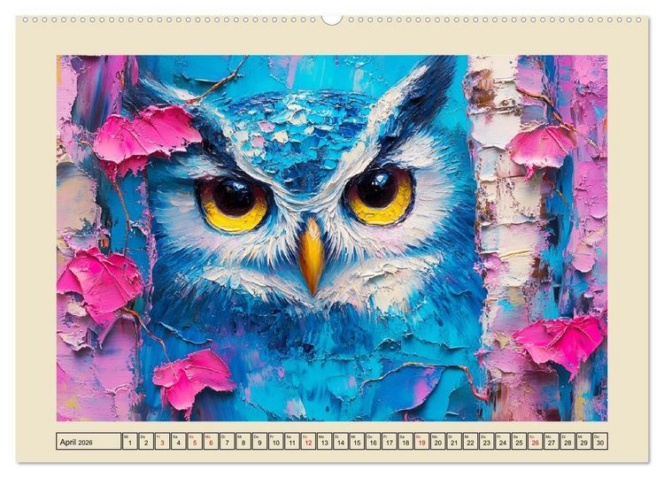 Produktbild: Bunte Eulenpoesie. Kunstvolle V&ouml;gel in &Ouml;lgem&auml;lde-Optik (Wandkalender 2026 DIN A2 quer), CALVENDO Monatskalender