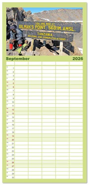 Produktbild: Familienplaner 2026 - Entdeckungen am Kilimandscharo mit 5 Spalten (Wandkalender, 21 x 45 cm) CALVENDO