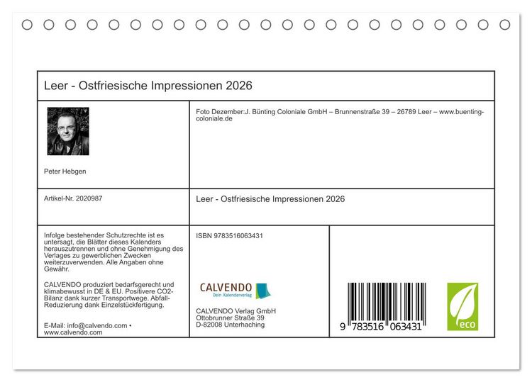 Produktbild: Leer - Ostfriesische Impressionen 2026 (Tischkalender 2026 DIN A5 quer), CALVENDO Monatskalender