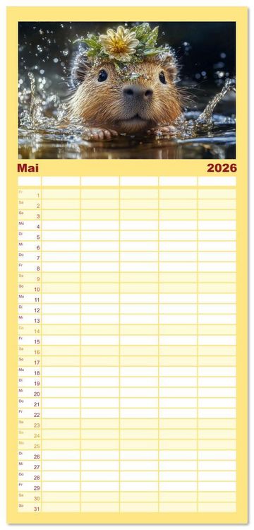 Produktbild: Familienplaner 2026 - Capybara Zeit mit 5 Spalten (Wandkalender, 21 x 45 cm) CALVENDO