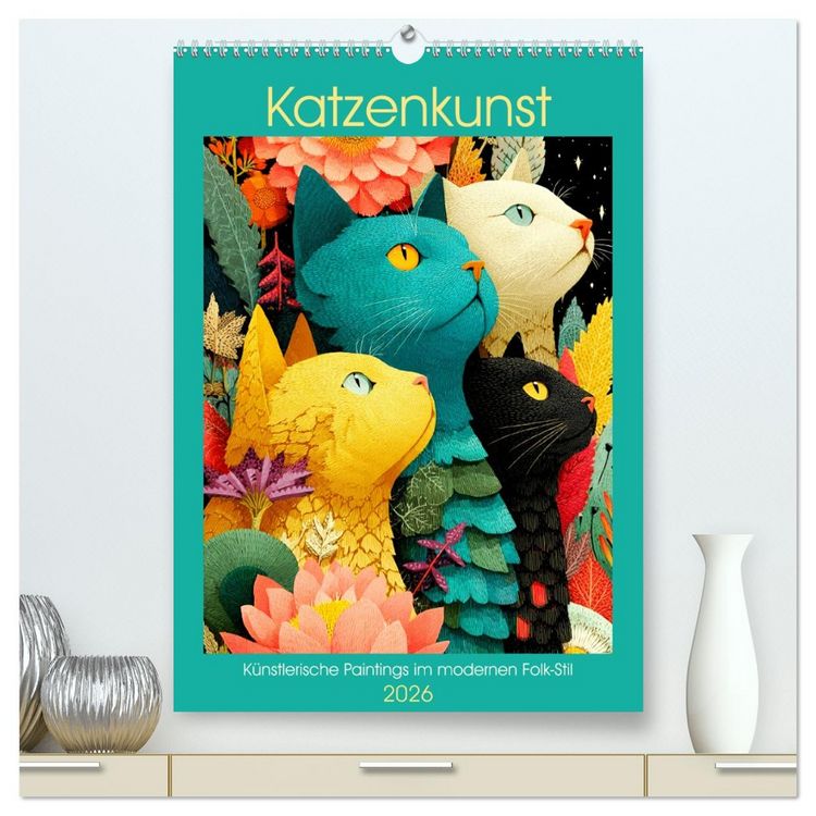 Produktbild: Katzenkunst. K&uuml;nstlerische Paintings im modernen Folk-Stil (hochwertiger Premium Wandkalender 2026 DIN A2 hoch), Kunstdruck in Hochglanz