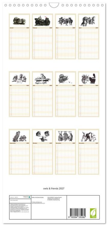 Produktbild: Familienplaner 2027 - owls & friends 2027 mit 5 Spalten (Wandkalender, 21 x 45 cm) CALVENDO