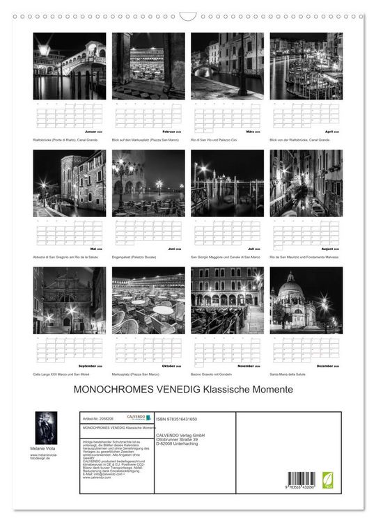 Produktbild: MONOCHROMES VENEDIG Klassische Momente (Wandkalender 2026 DIN A2 hoch), CALVENDO Monatskalender