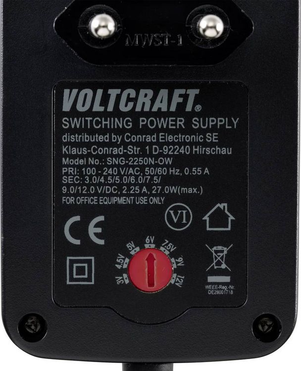 Produktbild: VOLTCRAFT VC-11258705 Steckernetzteil, einstellbar 3 V/DC, 4.5 V/DC, 5 V/DC, 6 V/DC, 7.5 V/DC, 9 V/DC, 12 V/DC 2.25 A 27 W Ausgangsspannung regelbar,