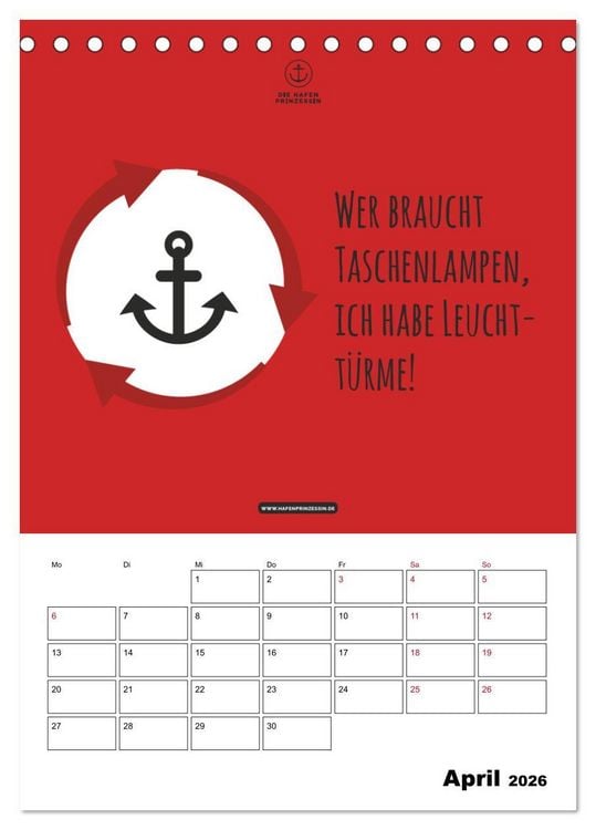 Produktbild: hafenprinzessin: Ankertr&auml;ume & Meer - Der moderne Zitate-Wandkalender f&uuml;r maritime Lebensmomente! (Tischkalender 2026 DIN A5 hoch), CALVENDO Monatskalender