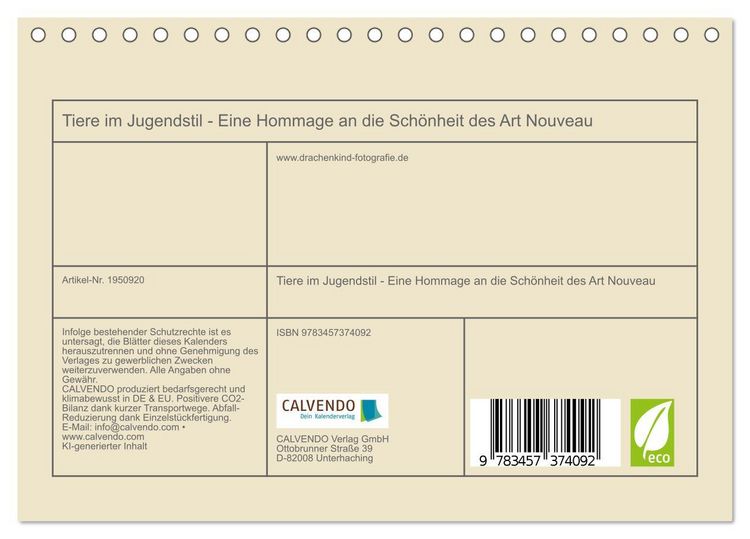 Produktbild: Tiere im Jugendstil - Eine Hommage an die Sch&ouml;nheit des Art Nouveau (Tischkalender 2026 DIN A5 quer), CALVENDO Monatskalender