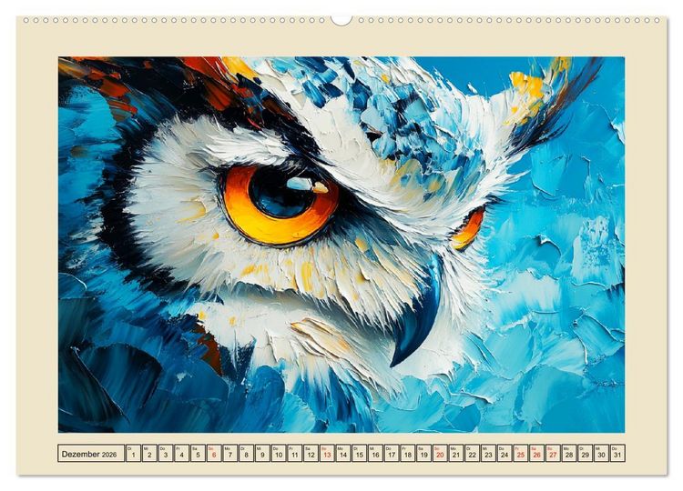 Produktbild: Bunte Eulenpoesie. Kunstvolle V&ouml;gel in &Ouml;lgem&auml;lde-Optik (Wandkalender 2026 DIN A2 quer), CALVENDO Monatskalender