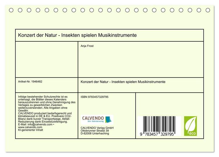 Produktbild: Konzert der Natur - Insekten spielen Musikinstrumente (Tischkalender 2026 DIN A5 quer), CALVENDO Monatskalender