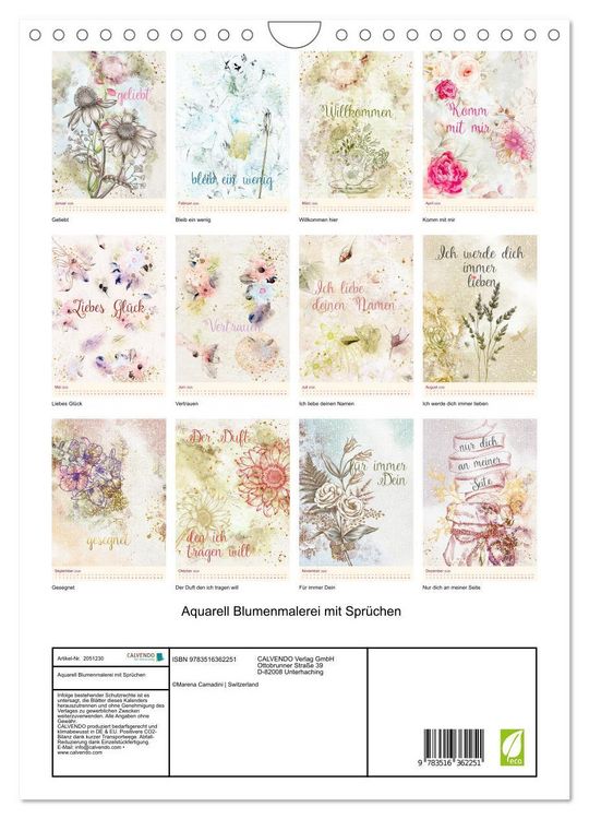 Produktbild: Aquarell Blumenmalerei mit Spr&uuml;chen (Wandkalender 2026 DIN A4 hoch), CALVENDO Monatskalender