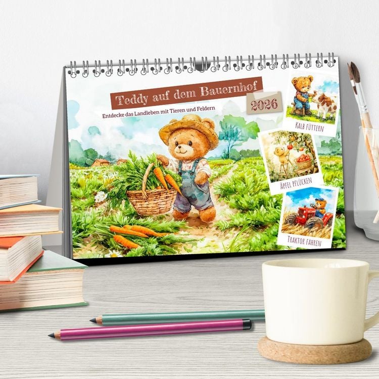 Produktbild: Teddy auf dem Bauernhof - Entdecke das Landleben mit Tieren und Feldern (Tischkalender 2026 DIN A5 quer), CALVENDO Monatskalender