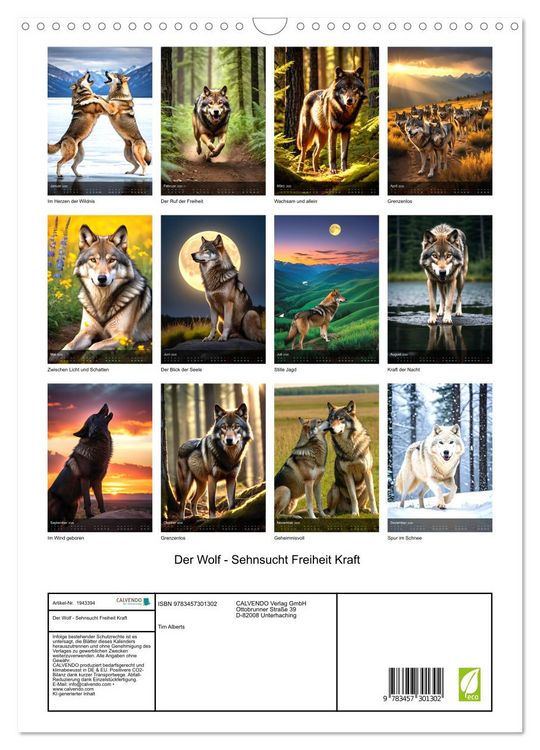 Produktbild: Der Wolf - Sehnsucht Freiheit Kraft (Wandkalender 2026 DIN A3 hoch), CALVENDO Monatskalender