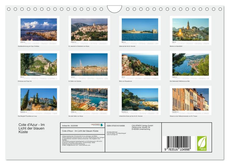 Produktbild: Cote d'Azur - Im Licht der blauen K&uuml;ste (Wandkalender 2026 DIN A4 quer), CALVENDO Monatskalender