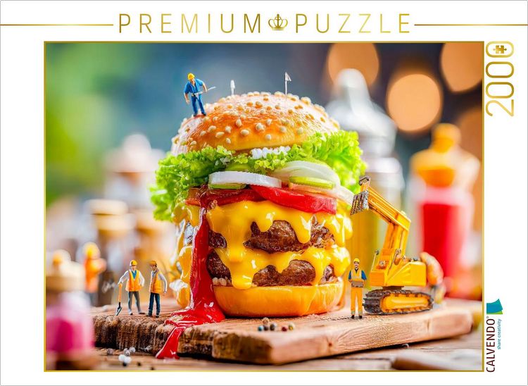 Produktbild: CALVENDO Puzzle Miniatur Bauarbeiter mit Bagger servieren saftigen Burger am Grill | 2000 Teile Lege-Gr&ouml;&szlig;e 90x67cm Foto-Puzzle f&uuml;r gl&uuml;ckliche Stunden
