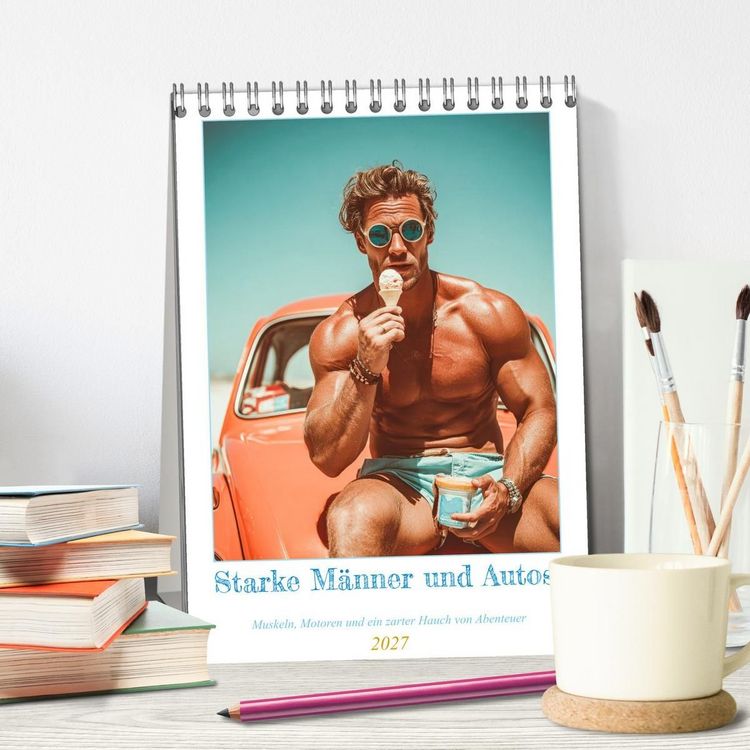 Produktbild: Starke M&auml;nner und Autos. Muskeln, Motoren und ein zarter Hauch von Abenteuer. (Tischkalender 2027 DIN A5 hoch), CALVENDO Monatskalender