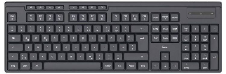 Produktbild: hama 00173055 Funktastatur "WK-200", kabellos, Batterie, 8 Media-Tasten, Schw., QWERTZ DE