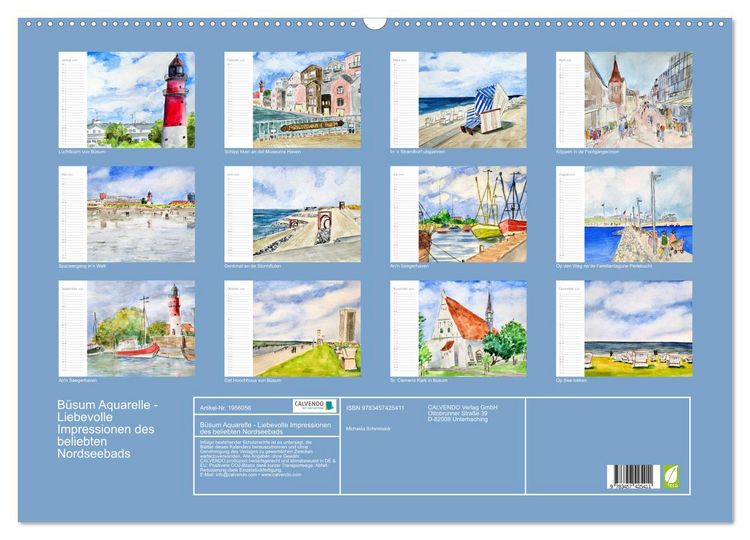 Produktbild: B&uuml;sum Aquarelle - Liebevolle Impressionen des beliebten Nordseebads (Wandkalender 2026 DIN A2 quer), CALVENDO Monatskalender