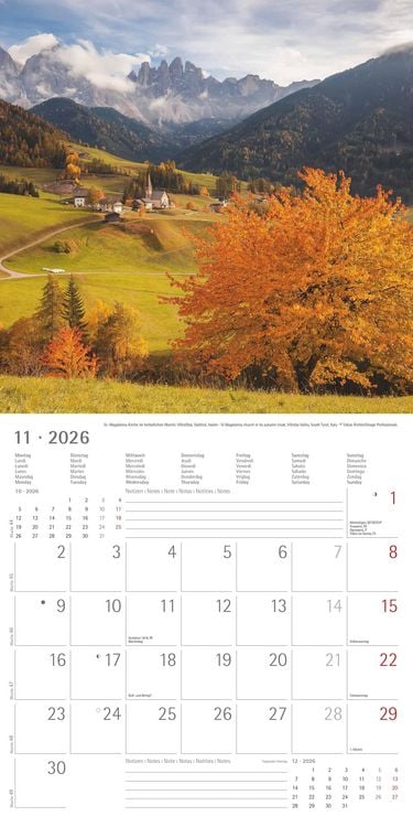 Produktbild: Alpha Edition - Alpen 2026 Broschürenkalender, 30x30cm, Wandkalender mit Platz für Notizen und Termine, Aufnahmen der Alpen, Monatsübersicht und Ferie