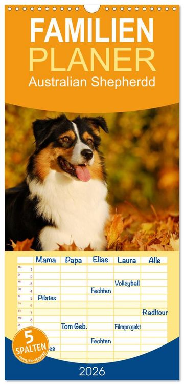 Produktbild: Familienplaner 2026 - Bekannt wie ein bunter Hund. Australian Shepherd mit 5 Spalten (Wandkalender, 21 x 45 cm) CALVENDO