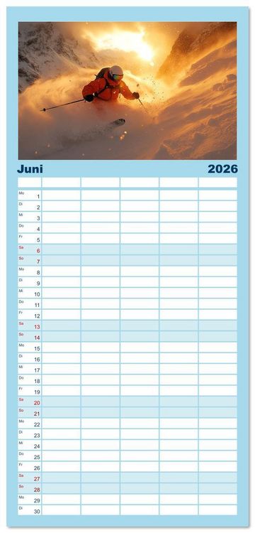 Produktbild: Familienplaner 2026 - Kufen, Ski & Snowboard mit 5 Spalten (Wandkalender, 21 x 45 cm) CALVENDO