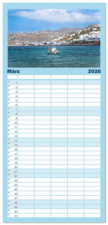 Produktbild: Familienplaner 2026 - Griechenland - Mykonos Kalender mit 5 Spalten (Wandkalender, 21 x 45 cm) CALVENDO