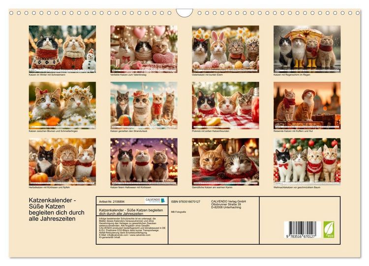 Produktbild: Katzenkalender - S&uuml;&szlig;e Katzen begleiten dich durch alle Jahreszeiten (Wandkalender 2026 DIN A3 quer), CALVENDO Monatskalender