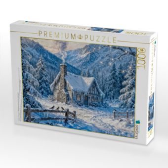Produktbild: CALVENDO Puzzle Winter Cottage im Bergwald mit Zaun und Waldv&ouml;geln | 1000 Teile Lege-Gr&ouml;&szlig;e 64x48cm Foto-Puzzle f&uuml;r gl&uuml;ckliche Stunden