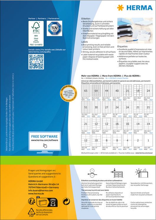 Produktbild: HERMA Etiketten permanent wei&szlig; 70x37mm 100 Blatt 2400 St&uuml;ck