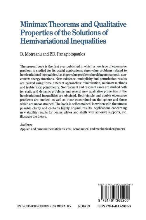 Produktbild: Minimax Theorems and Qualitative Properties of the Solutions of Hemivariational Inequalities