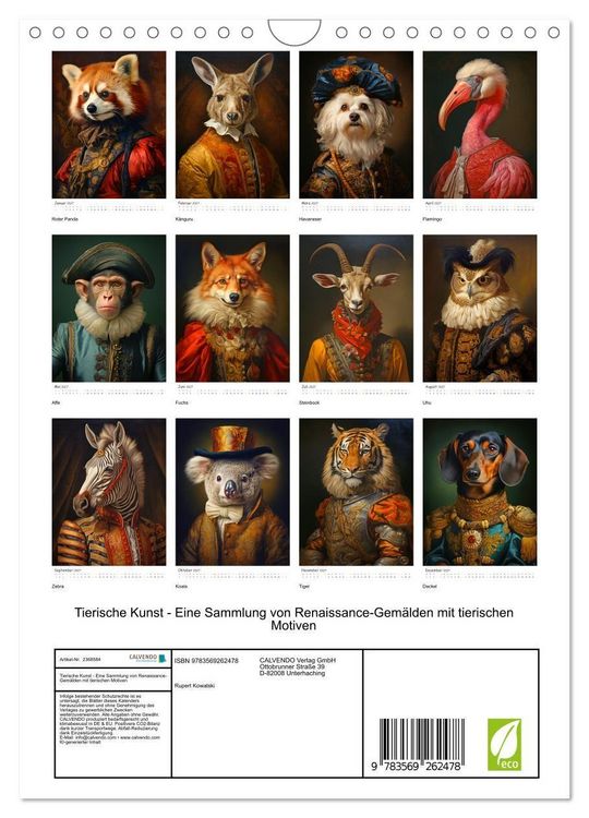 Produktbild: Tierische Kunst - Eine Sammlung von Renaissance-Gem&auml;lden mit tierischen Motiven (Wandkalender 2027 DIN A4 hoch), CALVENDO Monatskalender