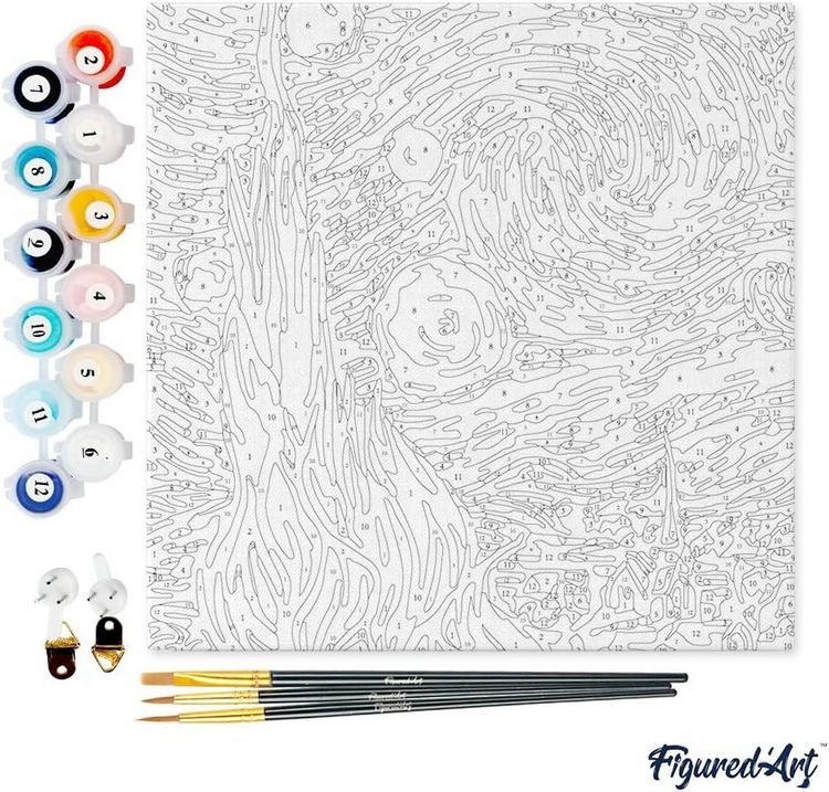 Produktbild: FiguredArt SFA089-Y - Mini Malen nach Zahlen, Van Gogh - Sternennacht, Leinwand-Keilrahmen 20x20cm, DIY Bastelset, Paint by Numbers