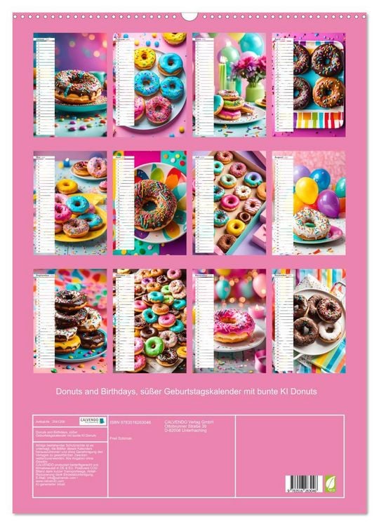 Produktbild: Donuts and Birthdays, s&uuml;&szlig;er Geburtstagskalender mit bunte KI Donuts (Wandkalender 2026 DIN A2 hoch), CALVENDO Monatskalender