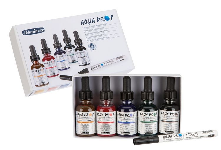 Produktbild: Schmincke AQUA DROP Aquarellfarbe, Kartonset lasierende Farbt&ouml;ne, 5 x 30 ml Flaschen + LINER mit Pinselspitze