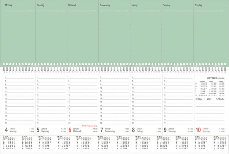 Produktbild: Tischquerkalender 1W/2S PERFO XL gr&uuml;n 2027