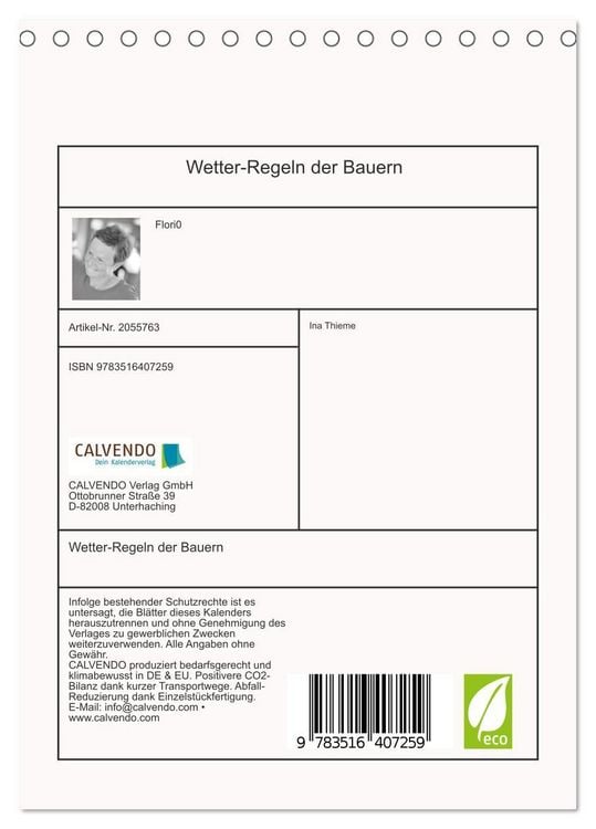Produktbild: Wetter-Regeln der Bauern (Tischkalender 2026 DIN A5 hoch), CALVENDO Monatskalender
