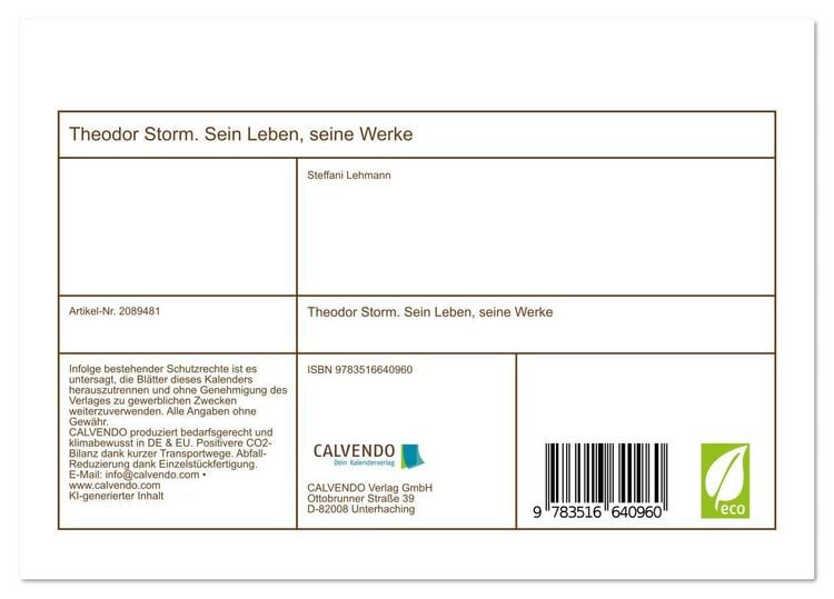 Produktbild: Theodor Storm. Sein Leben, seine Werke (Tischkalender 2026 DIN A5 quer), CALVENDO Monatskalender