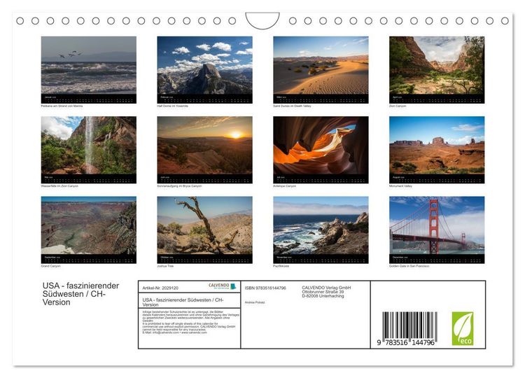 Produktbild: USA - faszinierender S&uuml;dwesten / CH-Version (Wandkalender 2026 DIN A4 quer), CALVENDO Monatskalender