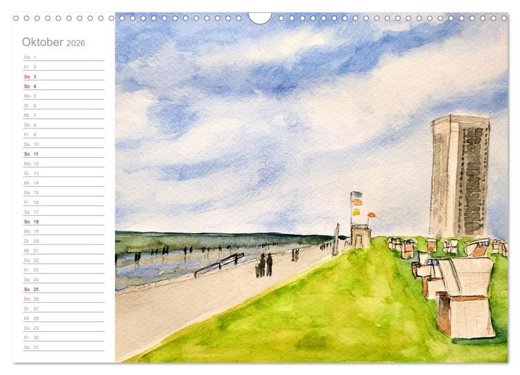 Produktbild: B&uuml;sum Aquarelle - Liebevolle Impressionen des beliebten Nordseebads (Wandkalender 2026 DIN A3 quer), CALVENDO Monatskalender